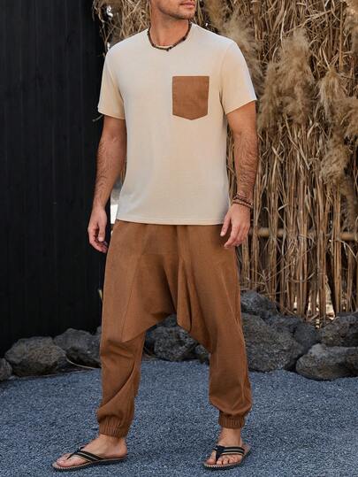 Manfinity RSRT 男士哈伦宽松低裆裤运动圆领T恤灯芯绒超大宽松交叉长裤休闲瑜伽套装