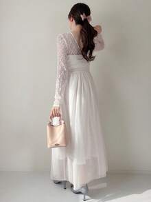 FRIFUL Women's Solid Color Sheer Lace Waist Flared Hem Fitted Casual Dress, Spring/Summer Sundress - Beige - View 2
