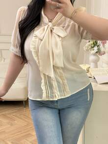Vibekara Vintage French Elegant Romantic Lace Embroidered Bowknot Short Sleeve Blouse For Women - Apricot - View 5