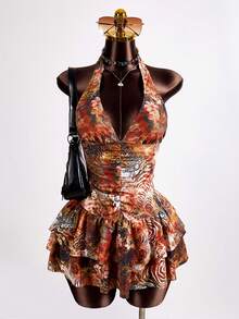 Zestiva 这款女士性感复古音乐节派对大胆前卫户外夏季海滩简约优雅休闲度假动物纹印花拼接露背系带褶皱设计泳衣，搭配常规三角比基尼泳裤，荷叶边下摆，两件式修身泳装，适合春假、返校季、慕尼黑啤酒节、音乐节、假期、春季促销、海滩度假等场合。 - 彩色 - 查看 3