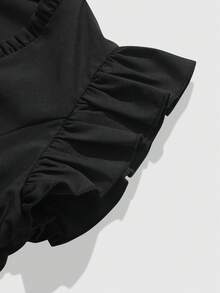 GlowEve 女士黑色荷叶边V领休闲优雅金色蝴蝶结单排扣衬衫，适合派对和日常穿着 - 黑色 - 查看 5