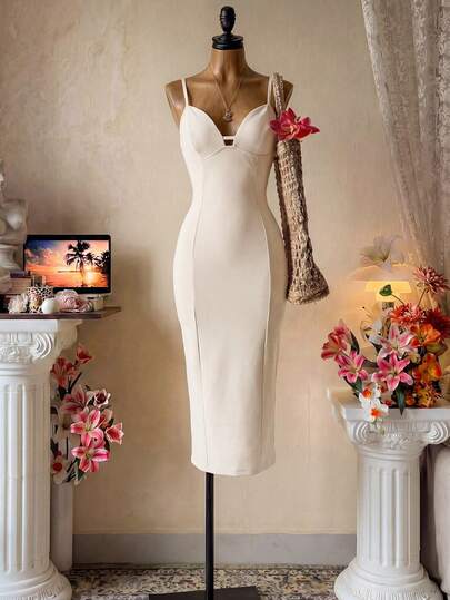 Bluhae Solid Color Elegant Sexy Casual Women's Sleeveless Dress, Suitable For Summer Outings, Vacations, Dates, Daily Wear, With Waistline, Spaghetti Strap, Slit Hem