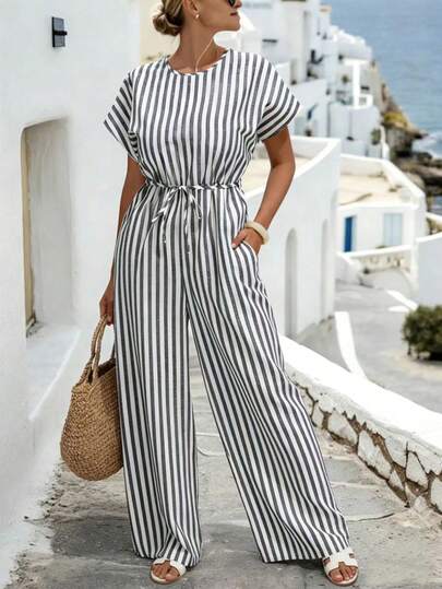 Linhara CURVE Mono de verano casual con cuello redondo, mangas de murciélago y cintura con lazo, de lino a rayas, para mujer de talla grande