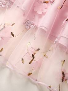 SHEIN Tween Girl Floral Embroidered Mesh Square Neck Petal Sleeve Cute Dress - Baby Pink - View 5