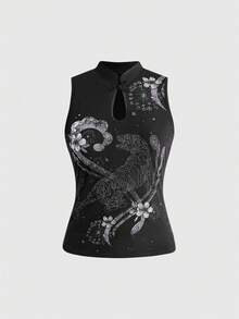 ROMWE Y2K复古老虎梅花仿纹身印花修身装饰背心（女款） - 黑色 - 查看 1