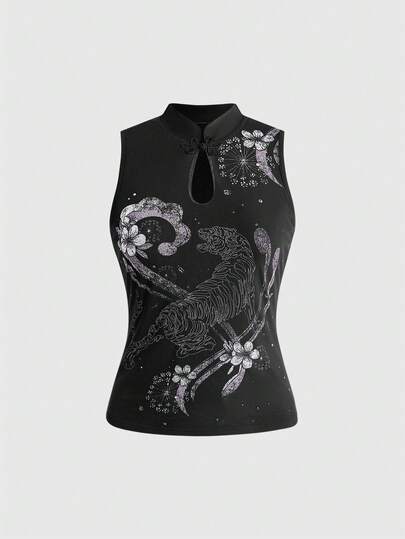 ROMWE Áo tank top ôm sát người in hình xăm giả hổ và hoa mai phong cách Y2K retro dành cho nữ.