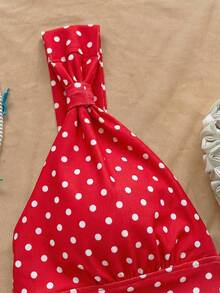 Soleia 女士优雅度假风波点针织面料扭结肩带褶皱修身吊带背心，适合度假、约会、下午茶、海滩、邮轮、城市旅行、海岛度假、音乐节、波西米亚风度假等场合，可内穿或外穿 - 紅白色 - 查看 4