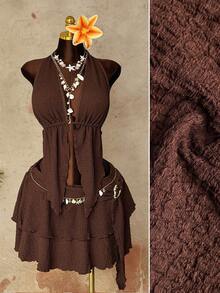Sunspun Plus Size Women Sexy Halter Neck Camisole & Mini Skirt 2 Pieces Set - Coffee Brown - View 1