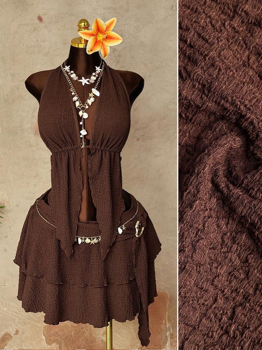 Sunspun Plus Size Women Sexy Halter Neck Camisole & Mini Skirt 2 Pieces Set - Coffee Brown - View 1