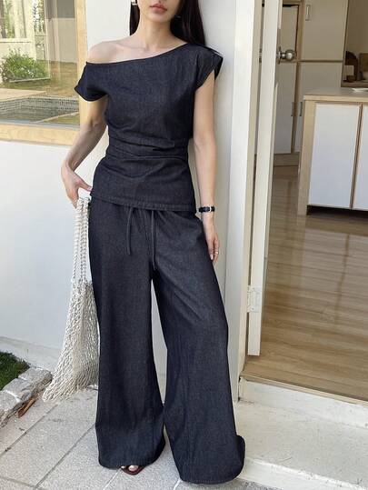 DAZY 女士纯色不对称领短袖上衣和长裤休闲牛仔套装