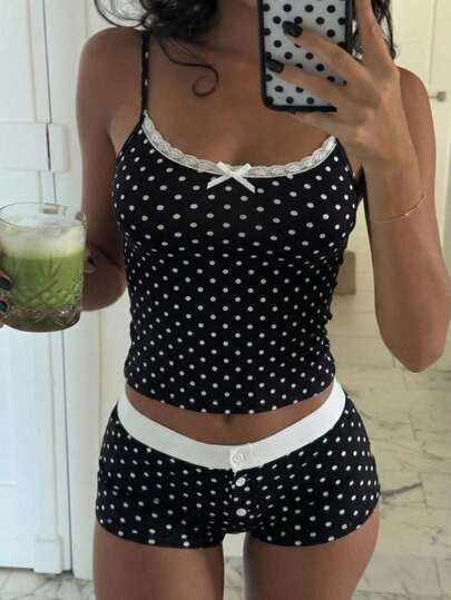 SHEIN SXY Women's Polka Dot Camisole And Shorts Fashion Versatile Vacation Party Outfit