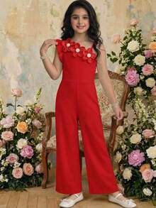 SHEIN 少女休闲优雅修身3D立体花朵装饰不对称连体裤，红色，春夏款 - 紅色 - 查看 7