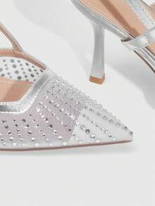 CUCCOO SZL Women's Pointed Toe High Heel Black Mesh Rhinestone Embellished Fashionable Sexy Glamorous Party Occasion Stilettos With Ankle Strap - silver metal - View 5