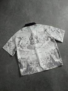 ROMWE MEN Street Life 男士休闲日常通勤时尚街头天使字母印花撞色宽松衬衫，夏季 - 灰色 - 查看 2