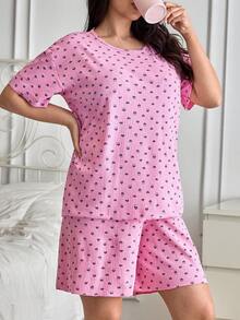 SHEIN Bộ đồ ngủ nữ cỡ lớn gồm 2 món, chất liệu cotton, dệt kim gân, màu hồng phối tương phản, họa tiết trái tim, cổ tròn, tay ngắn và quần short, thoải mái, thích hợp mặc ở nhà. - Hồng - Xem 4