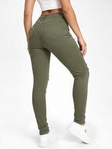 SHEIN ICON Black Slant Pocket Ripped Skinny Jeans Ripped Jeans For Women High Waist - Army Green - View 2