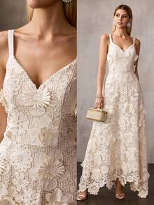 MOTF Soiréza VESTIDO FORMAL SIN MANGAS DE ENCAJE PARA MUJER CON PATRONES FLORALES 3D, ESCOTE EN V PROFUNDO, CINTURA CONTORNEADA Y VESTIDO DE LARGO HASTA EL PISO CON ACENTOS FLORALES EN EL BAJO - IDEAL PARA BODAS, CENAS DE GALA, CELEBRACIONES Y BAILES FORMALES - Albaricoque - Ver 8