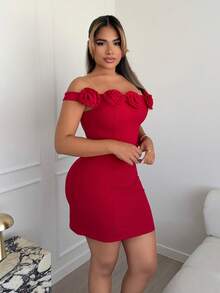 Maria Perezxox 女士露肩纯红色连衣裙，饰有3D花朵 - 紅色 - 查看 5