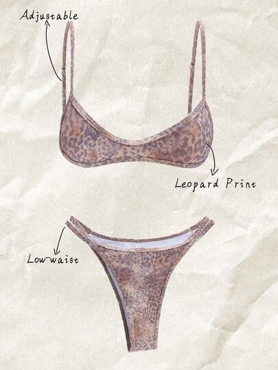 Swim Mod 2pcs/Set Women's Random Print Spaghetti Strap Sexy Bikini Set, Summer