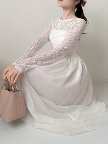 FRIFUL Women's Solid Color Sheer Lace Waist Flared Hem Fitted Casual Dress, Spring/Summer Sundress - Beige - View 5