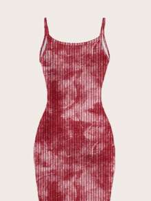 SHEIN EZwear 休闲简约街头风红色全幅扎染印花修身长裙，适合夏季穿着 - 彩色 - 查看 5