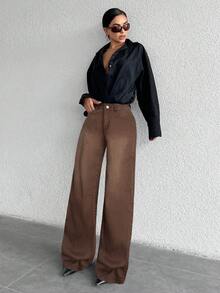ZIRRA Quần jeans ống rộng cạp cao có túi dành cho nữ, dáng rộng, dễ phối đồ - màu nâu - Xem 5