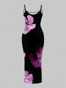 Slaydiva 印花吊带连衣裙，适合海滩度假，女士吊带连衣裙，黑色和紫色印花连衣裙，长款碎花连衣裙，夏季连衣裙，度假连衣裙 - 彩色 - 查看 3