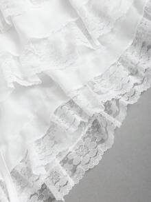 Sweetra Áo croptop mùa hè thanh lịch kiểu Pháp, đa năng, phối ren và voan tinh tế, gợi cảm, nữ tính, màu trắng tinh khiết, thiết kế xếp lớp, eo thấp, dáng nhỏ nhắn, nữ tính. - trắng - Xem 4