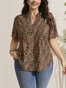 Comfylo Blus Lengan Mengembang Motif Bunga Kecil Kasual untuk Wanita Ukuran Besar, Cocok untuk Liburan Musim Panas dan Sopan - MultiWarna - View 1