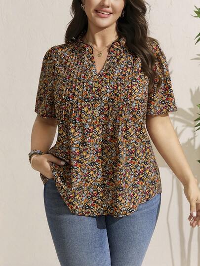 Comfylo Blusa de manga de pétalo con estampado floral diminuto para vacaciones de talla grande, ropa de verano elegante para mujer, conjuntos de verano para mujer, ropa de verano glamorosa y modesta para mujer