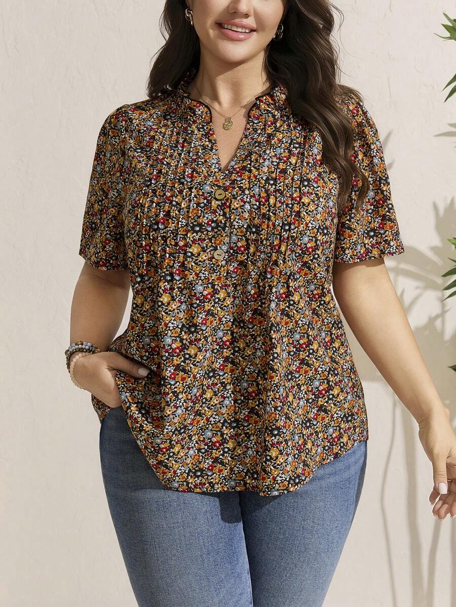 Comfylo Blus Lengan Mengembang Motif Bunga Kecil Kasual untuk Wanita Ukuran Besar, Cocok untuk Liburan Musim Panas dan Sopan - MultiWarna - View 1