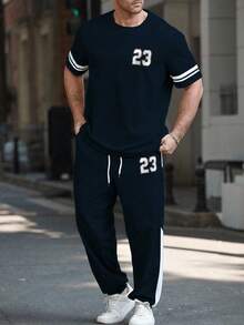Manfinity Homme Plus Size Men's Numeric Print Round Neck Short Sleeve T-Shirt And Drawstring Waist Casual Pants Set - Navy Blue - View 3