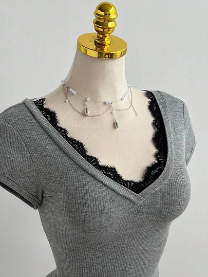 Elamini Casual Lace Patchwork Deep V-Neck Grey Slim Fit Short Sleeve T-Shirt, Spring/Summer