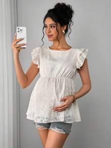 Momance Maternity Floral Embroidered Round Neck Ruffle Sleeve Fashionable Blouse,Summer Tops,Summer Outfits,White Top - Apricot - View 3