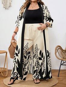 SHEIN CURVE+ Curve 尺码 US22 音乐节、海滨度假、波西米亚风印花两件套外套和裤子，度假沙滩装 - 黑與白 - 查看 4