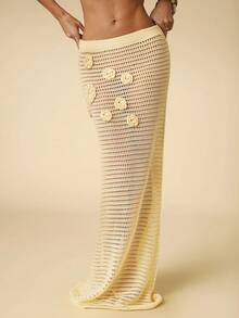 SHEIN BAE Bộ đồ gồm áo croptop không dây và chân váy cạp cao khoét họa tiết hoa kiểu Âu và Mỹ, váy dài dài phong cách Bohemian cho kỳ nghỉ biển, gồm 2 mảnh. - Màu vàng - Xem 6