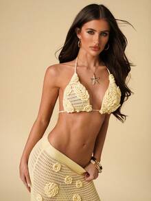 SHEIN BAE Bộ đồ gồm áo croptop không dây và chân váy cạp cao khoét họa tiết hoa kiểu Âu và Mỹ, váy dài dài phong cách Bohemian cho kỳ nghỉ biển, gồm 2 mảnh. - Màu vàng - Xem 8