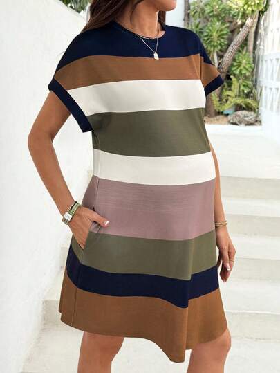 SHEIN Multi-Colored Striped Maternity Dress With Pockets On Both Sides, Loose-Fitting With Shoulder Straps, Suitable For Summer Casual Maternity Wear.