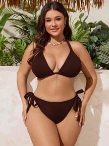 Swim SXY 大码女士罗纹三角杯系带休闲度假泳装套装 - 咖啡棕 - 查看 3