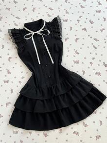 Elamini 女士黑色撞色蕾丝蝴蝶结腰带短袖性感哥特洛丽塔风格迷你连衣裙 - 黑色 - 查看 3