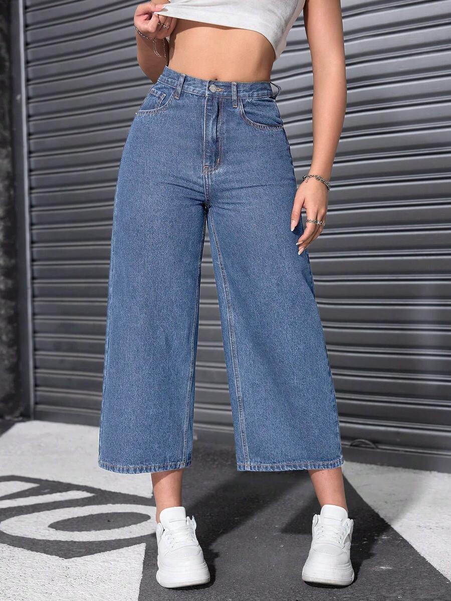 Rivivi Women's Pocket Button Casual Versatile Daily Wear Wide Leg Jeans - Medium Wash - View 1