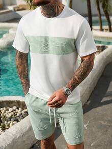 VENTUSAIL 男士植物镂空短袖休闲度假T恤和短裤套装 - 彩色 - 查看 5