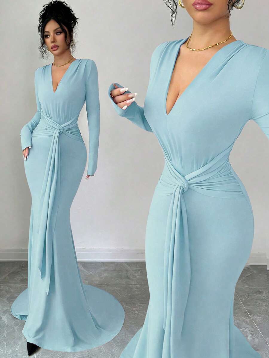 SHEIN Raffinéa Đầm dạ hội màu nâu cổ chữ V sâu, kiểu dáng sang trọng mới dành cho nữ, đầm dài ôm sát tay đuôi cá với thiết kế thắt eo. - Màu xanh lam - Xem 1