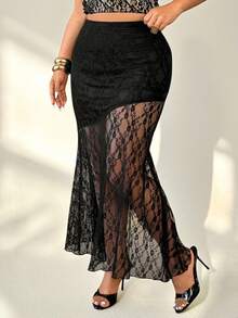 Auralis Plus Size Women Sexy Elegant Chic Vacation Style Sheer Lace High Slit Hem Skirt , Black Black Lace Skirt Mesh Skirt Black Cover Up Skirt Lace Skirts For Women Mermaid Skirt - Black - View 1