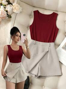 Franclia 女士纯色圆领背心和条纹半裙休闲两件套 - 彩色 - 查看 1