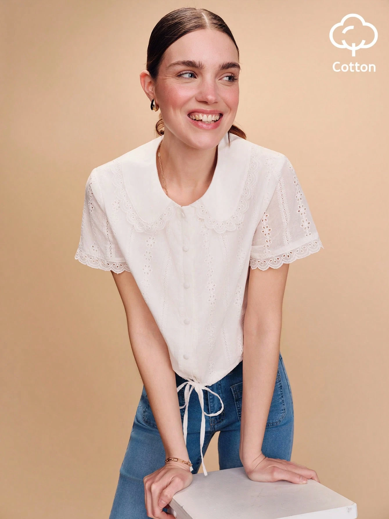 White Cotton Vintage Embroidered Cropped Blouse With A Peter Pan Collar And Waist Tie Spring Summer Cotton Top Spring Summer Vacation Office French Style Parisian Style Elegant Top White Cotton Blouse