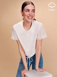 lacRébo 白色棉质复古刺绣短款衬衫，彼得潘领，腰部系带，春夏棉质上衣，春夏度假办公室法式巴黎风优雅上衣，白色棉质衬衫 - 米色 - 查看 1