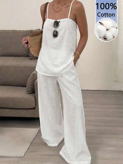 Easowa Women Solid Color Camisole Top And Pants Casual Everyday Set