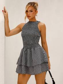 BiaLiraa 蓝色格子无袖紧身迷你连衣裙，甜美法式度假风，春夏季 - 彩色 - 查看 5