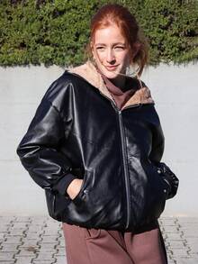 SILVIA DI SANTO Women's Autumn And Winter Black Leather Jacket With Hood, Velvet Lining For Warmth - Black - View 5